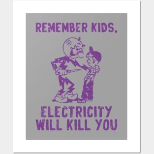 vintage electricity will kill you purple distressed Posters and Art